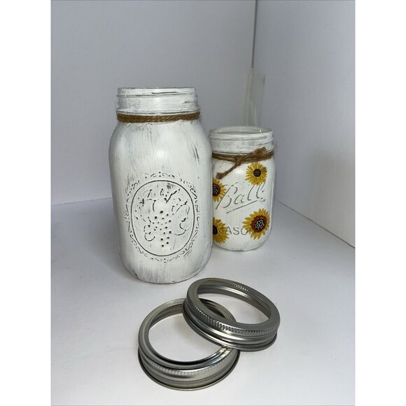 2 Ball Mason Jars Hand Painted Summer Bicycle Sunflowers 32oz & 16oz With Bands - Picture 6 of 16